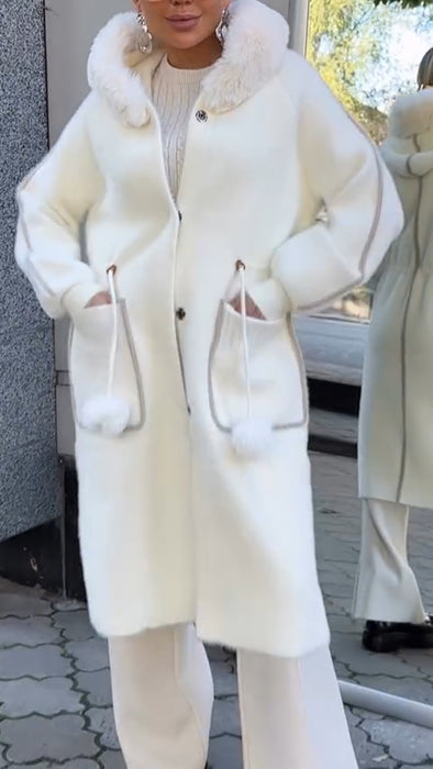 Women Fur Collar Hooded Drawstring Waist Design Temperament Casual Coat
