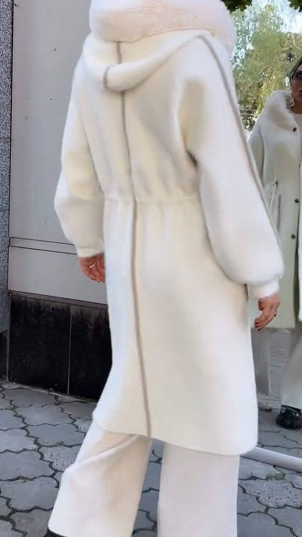 Women Fur Collar Hooded Drawstring Waist Design Temperament Casual Coat