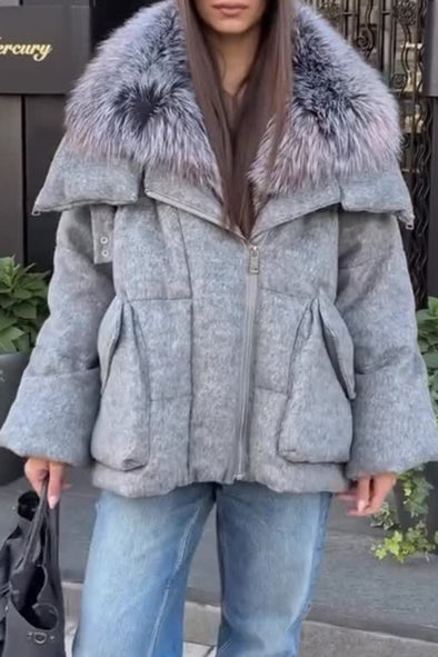 Women Casual Warm Brushed Large Fur Collar Jacket