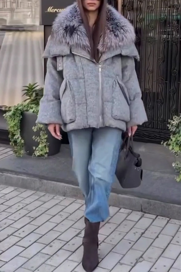 Women Casual Warm Brushed Large Fur Collar Jacket