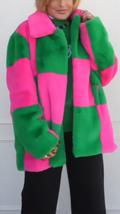 Women Lapel Contrast Color Plush Casual Coat