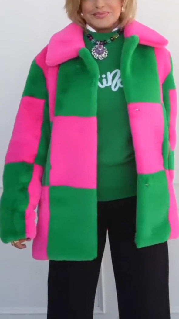 Women Lapel Contrast Color Plush Casual Coat