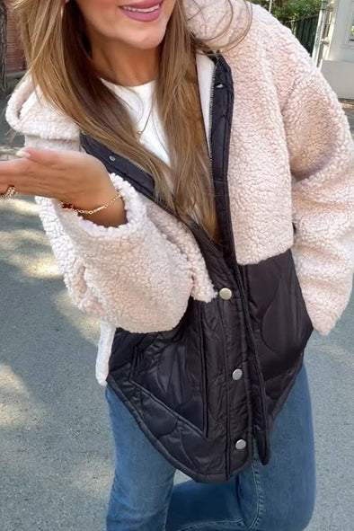 Women Casual Warm Fleece Contrast Color Stitching Hooded Jacket