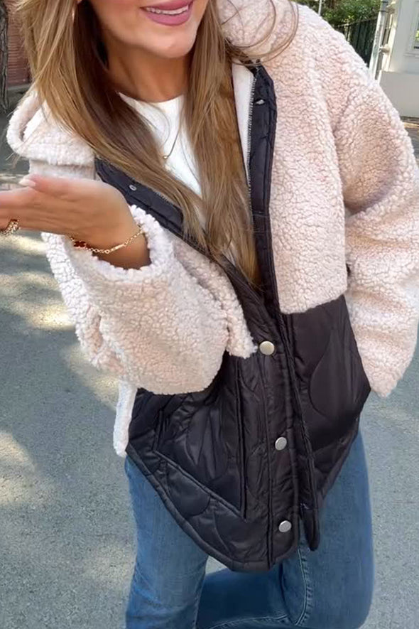 Women Casual Warm Fleece Contrast Color Stitching Hooded Jacket