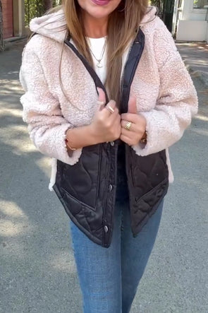 Women Casual Warm Fleece Contrast Color Stitching Hooded Jacket