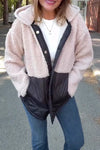 Women Casual Warm Fleece Contrast Color Stitching Hooded Jacket