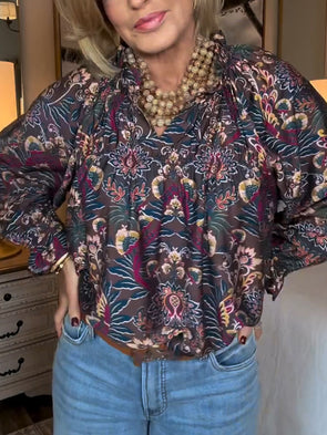 Women Lapel Printed Casual Top