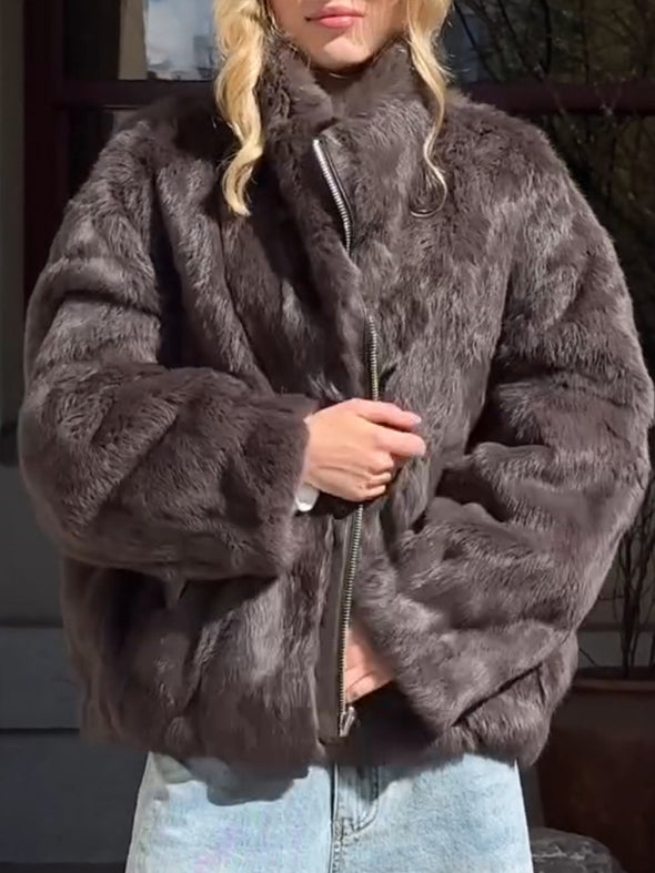 Women Standing Collar Reversible Casual Plush Coat