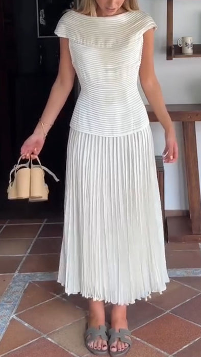 Women Round Neck Splicing Pleated Solid Color Casual Dress