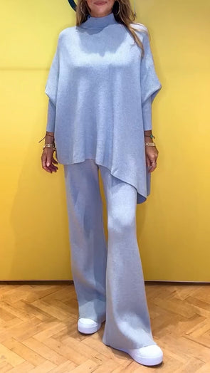 Women Round Neck Irregular Top + Pants Solid Color Casual Suit