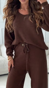 Women Round Neck Top + Drawstring Pants Casual Suit