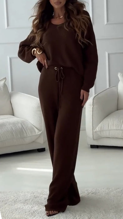 Women Round Neck Top + Drawstring Pants Casual Suit