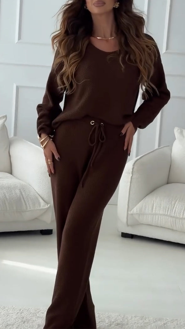 Women Round Neck Top + Drawstring Pants Casual Suit