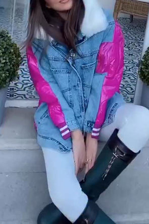Women Casual Warm Fur Collar Contrast Color Stitching Denim Jacket
