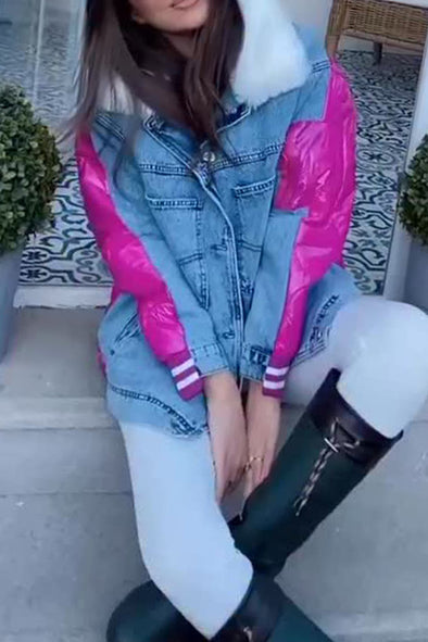 Women Casual Warm Fur Collar Contrast Color Stitching Denim Jacket