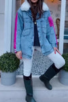 Women Casual Warm Fur Collar Contrast Color Stitching Denim Jacket