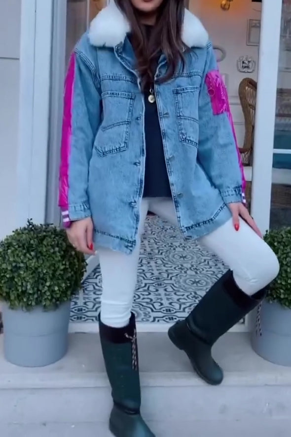 Women Casual Warm Fur Collar Contrast Color Stitching Denim Jacket