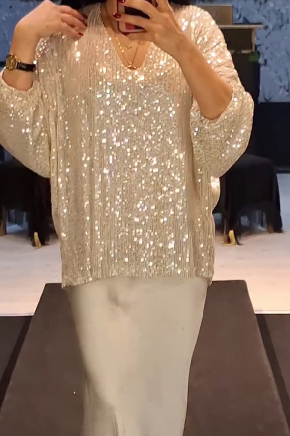 Womens Elegant Party Sequined V-Neck Top
