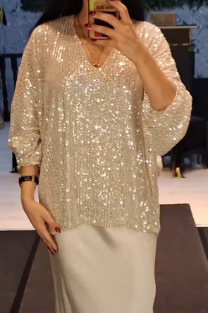 Womens Elegant Party Sequined V-Neck Top