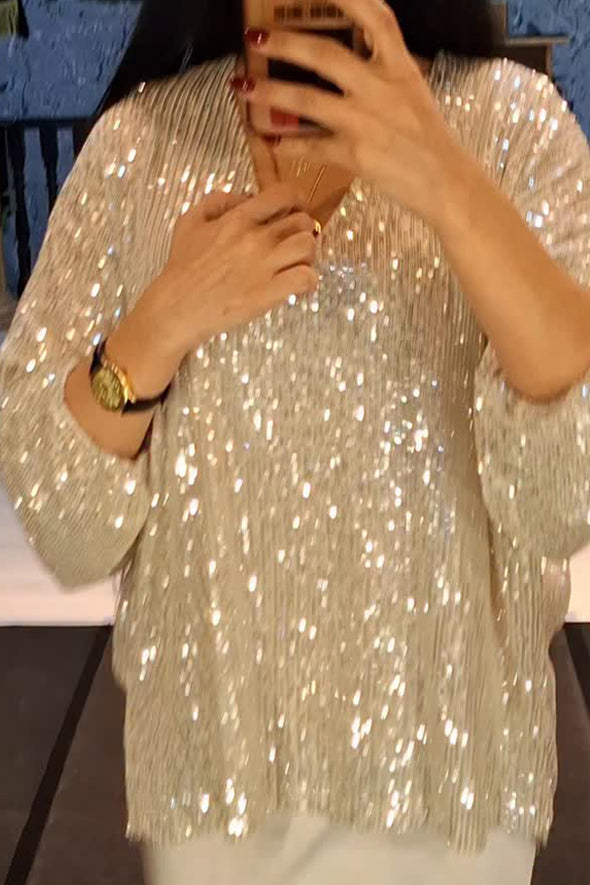 Womens Elegant Party Sequined V-Neck Top
