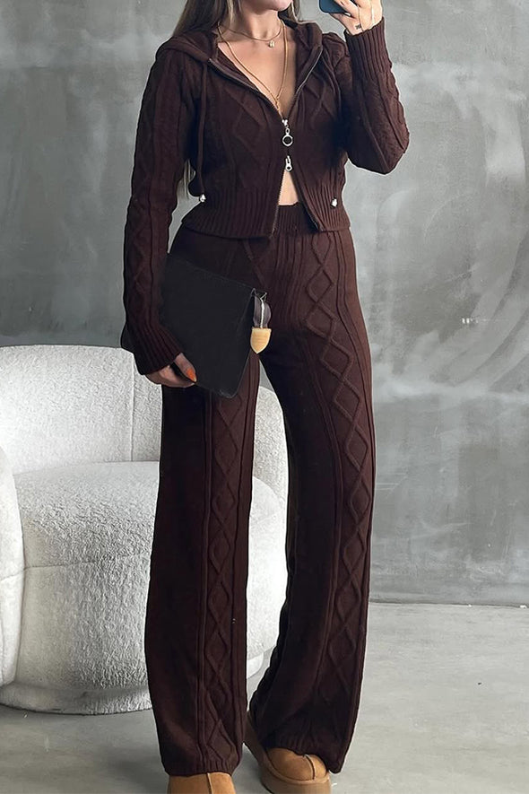 Women Casual Twisted Texture Zipper Hooded Cardigan + Pants Suit