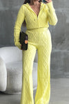 Women Casual Twisted Texture Zipper Hooded Cardigan + Pants Suit