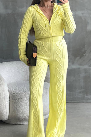 Women Casual Twisted Texture Zipper Hooded Cardigan + Pants Suit
