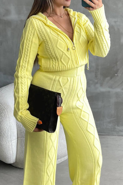 Women Casual Twisted Texture Zipper Hooded Cardigan + Pants Suit
