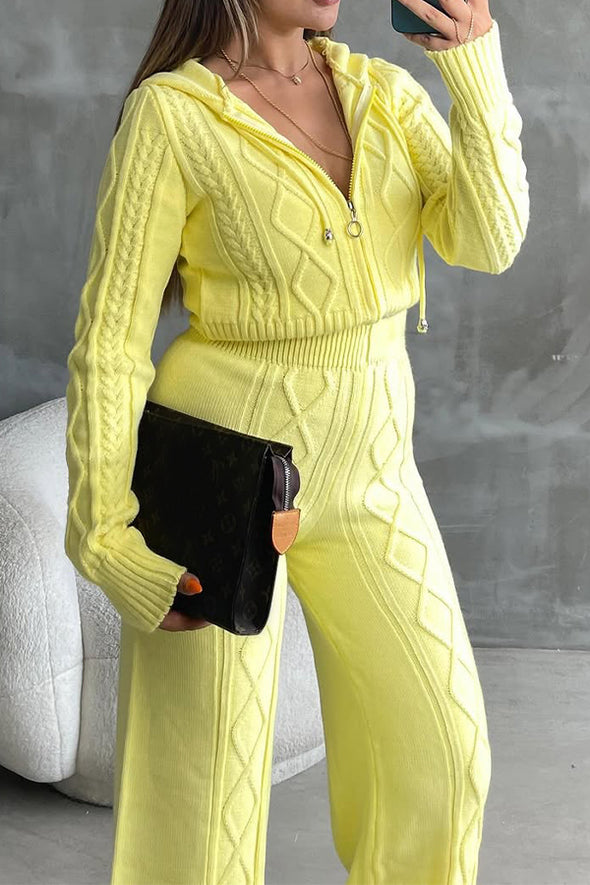 Women Casual Twisted Texture Zipper Hooded Cardigan + Pants Suit