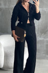 Women Casual Twisted Texture Zipper Hooded Cardigan + Pants Suit