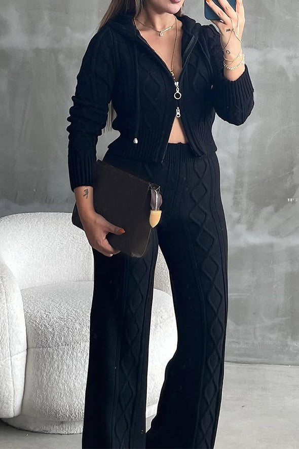 Women Casual Twisted Texture Zipper Hooded Cardigan + Pants Suit