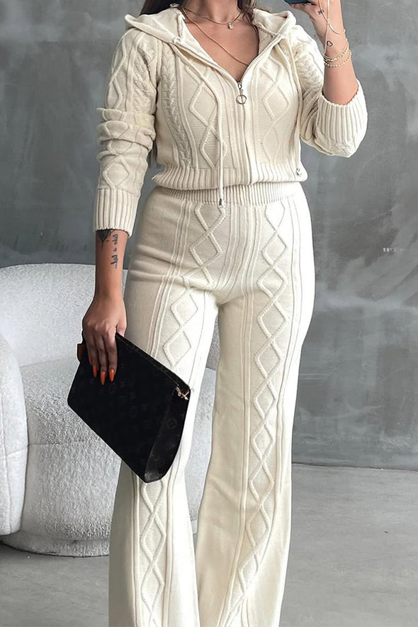 Women Casual Twisted Texture Zipper Hooded Cardigan + Pants Suit