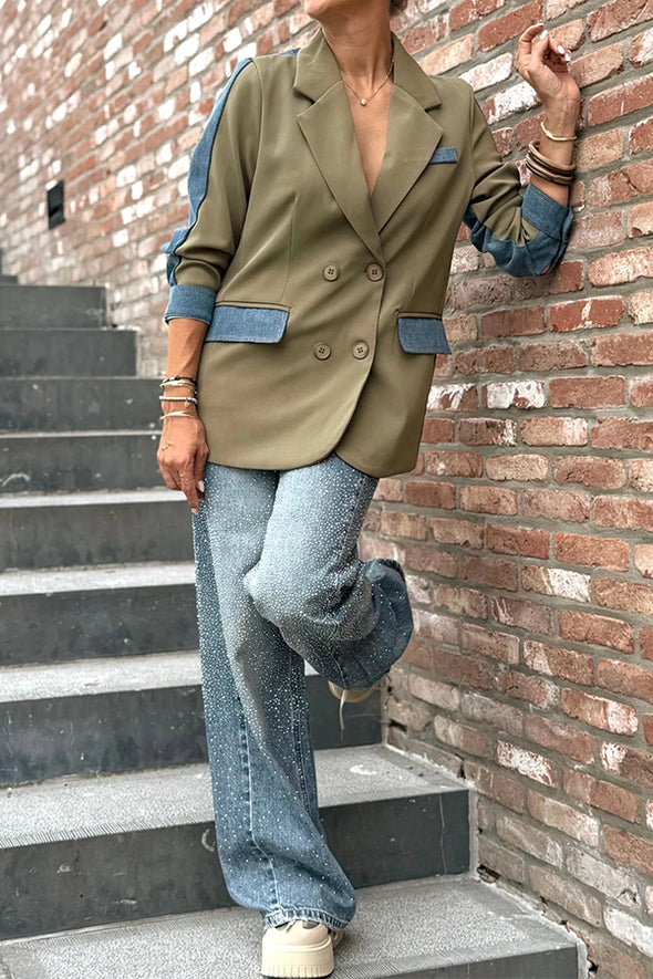 Women Casual Office Denim Panel Blazer