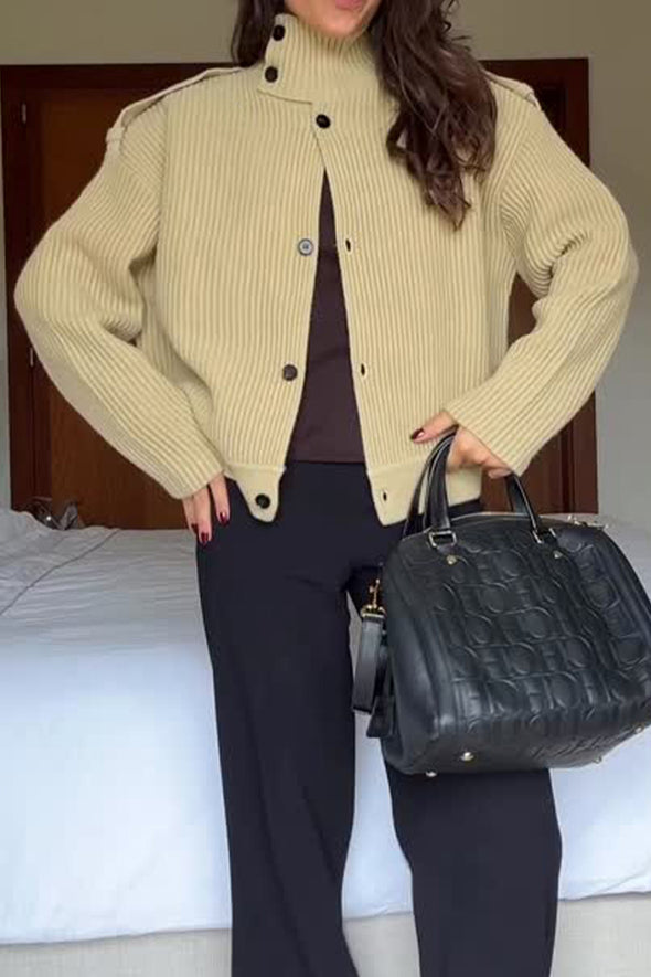 Women Casual Textured Stand Collar Button Jacket