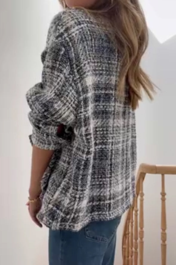 Women Elegant Brushed Plaid Texture Lapel Large Pocket Raw Edge Jacket