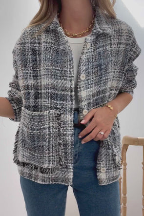 Women Elegant Brushed Plaid Texture Lapel Large Pocket Raw Edge Jacket