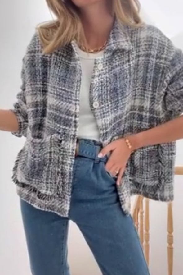 Women Elegant Brushed Plaid Texture Lapel Large Pocket Raw Edge Jacket