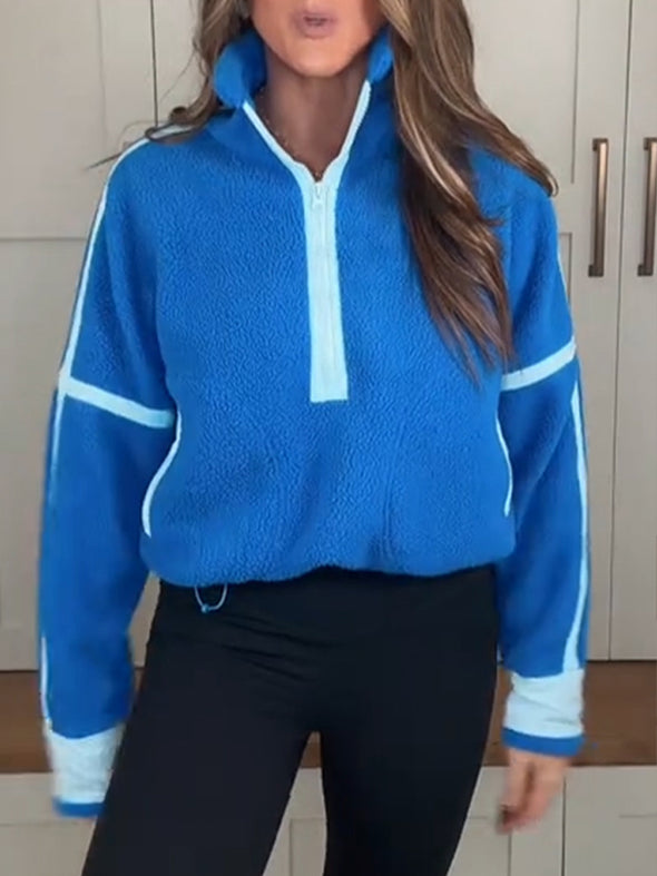 Women Stand Collar Half Zip Plush Casual Top