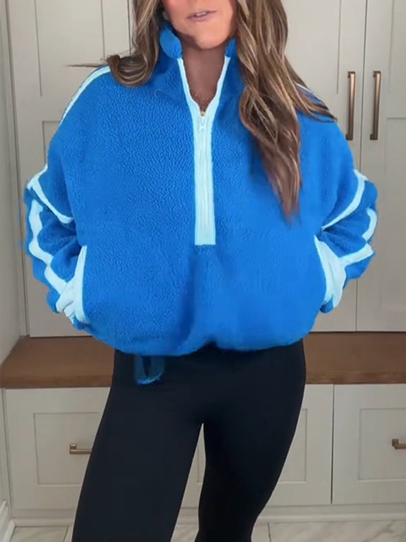 Women Stand Collar Half Zip Plush Casual Top