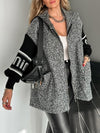 Women Hooded Plush Spliced Knit Sleeve Casual Jacket