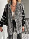 Women Hooded Plush Spliced Knit Sleeve Casual Jacket