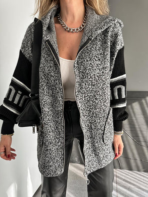 Women Hooded Plush Spliced Knit Sleeve Casual Jacket