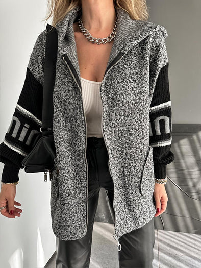 Women Hooded Plush Spliced Knit Sleeve Casual Jacket