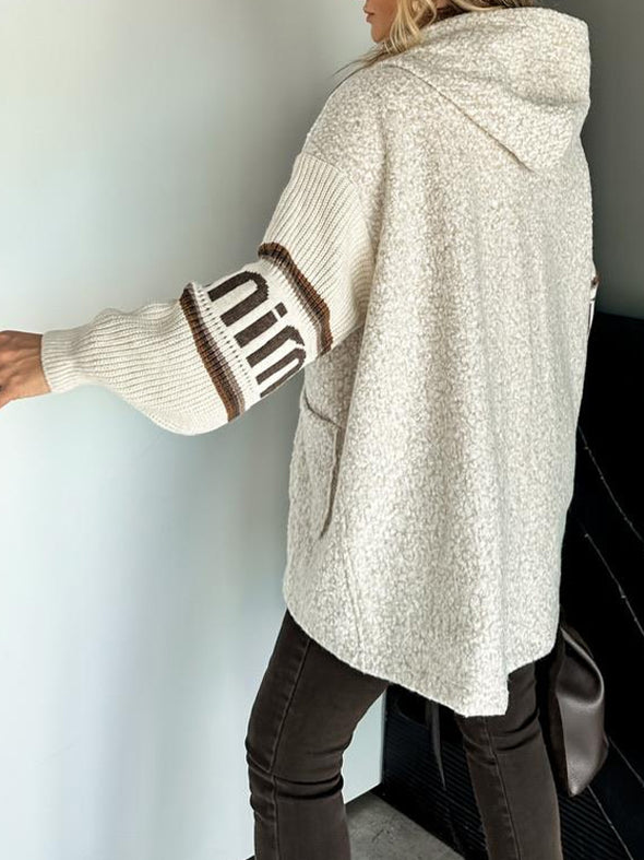 Women Hooded Plush Spliced Knit Sleeve Casual Jacket