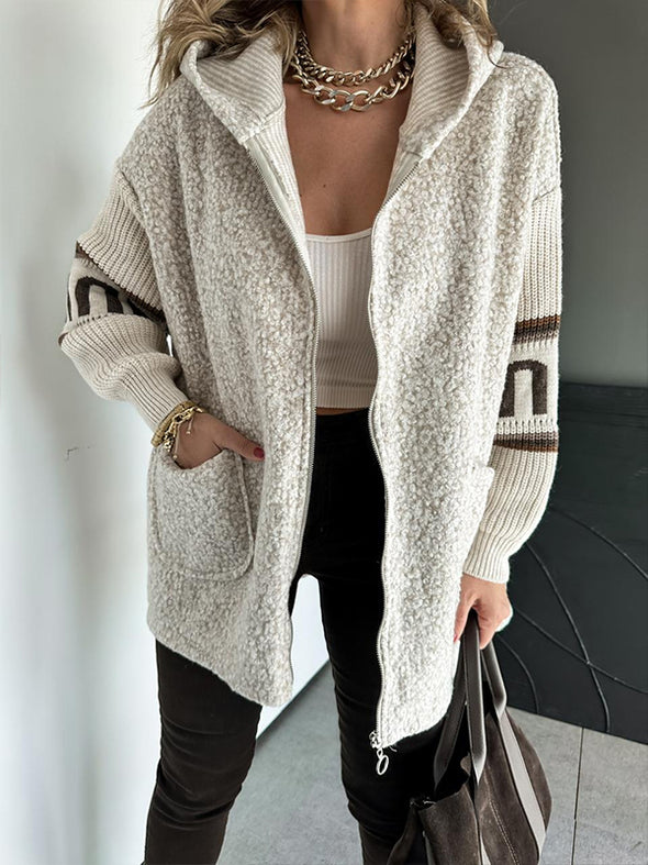 Women Hooded Plush Spliced Knit Sleeve Casual Jacket