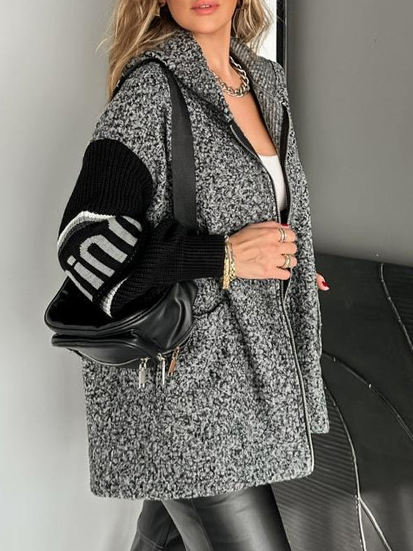Women Hooded Plush Spliced Knit Sleeve Casual Jacket