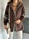 Women Hooded Plush Spliced Knit Sleeve Casual Jacket
