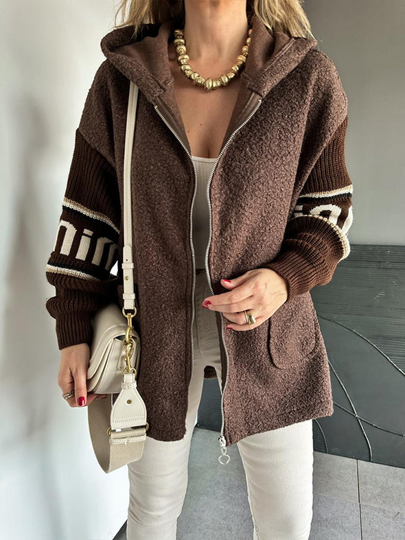 Women Hooded Plush Spliced Knit Sleeve Casual Jacket