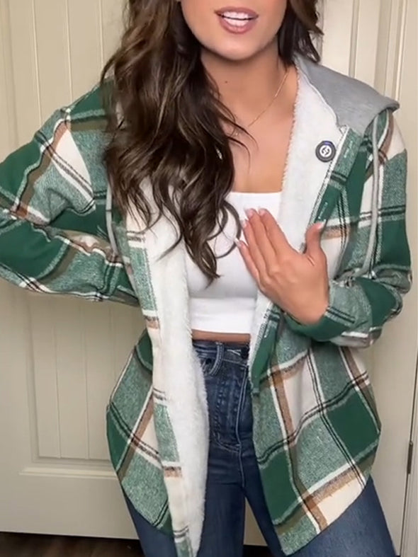 Women Plaid Hooded Fleece-lined Casual Jacket