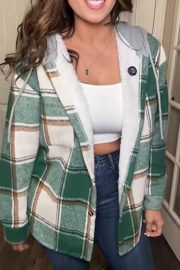 Women Plaid Hooded Fleece-lined Casual Jacket